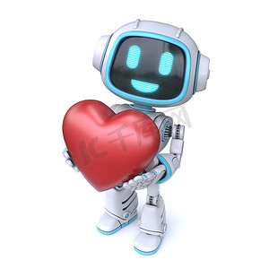 可爱的蓝色机器人给予心脏 3D