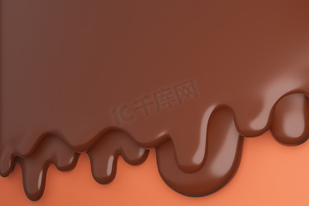 融化的牛奶棕色巧克力流下来。，3d 模型和插图。