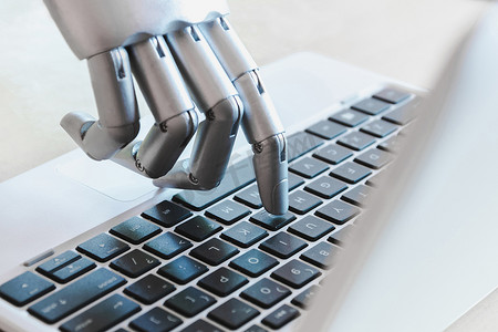 机器人手和手指指向笔记本电脑按钮顾问聊天机器人人工智能概念