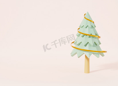 带丝带装饰的圣诞树卡通松树横幅贺卡