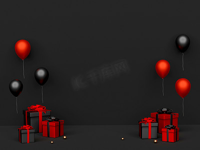 黑色星期五礼物和带黑色空间的气球，3d 渲染