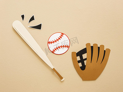 带手套球的顶视图棒球棒。