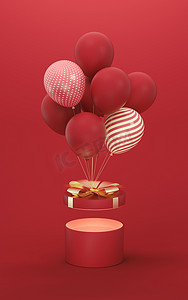 气球和礼物有红色背景，3d 渲染。