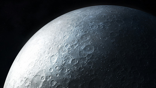月球表面特写的逼真深灰色图像。
