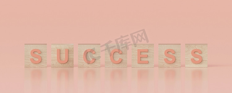 极简主义背景摄影照片_木立方块上的最小词成功，3D 插图