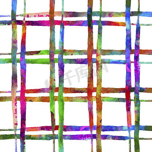水彩画笔格子无缝图案田庄检查彩虹色的几何设计。
