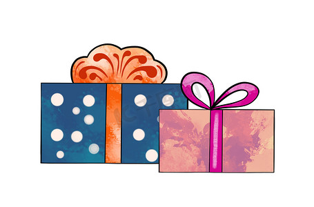 在白色孤立背景上用蝴蝶结和包装纸装饰的不同形状的粉红色和蓝色礼物盒的彩色图画的插图