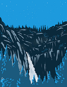双旦狂欢海报摄影照片_夜间在喀斯喀特瀑布或喀斯喀特与内华达山脉崎岖的默塞德河峡谷在美国加利福尼亚州约塞米蒂国家公园内 WPA 海报艺术