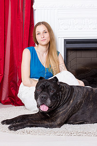 穿着蓝色裙子的女孩和狗 Cane Corso 一起坐在壁炉旁