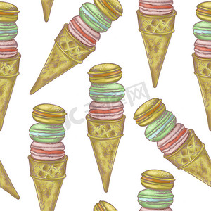 白色背景下不同形状和颜色的插图数字绘图冰淇淋无缝图案