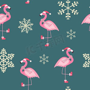 可爱的粉红色火烈鸟新年和圣诞节无缝图案背景矢量图