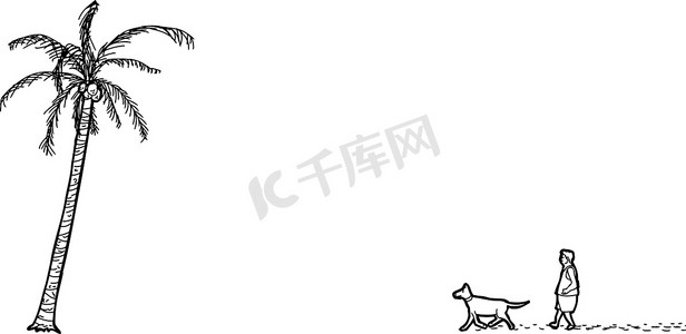 手绘椰子摄影照片_人、狗和棕榈树的轮廓