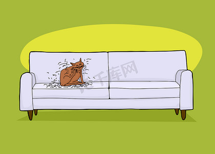 猫手绘动物摄影照片_沙发上的凌乱猫