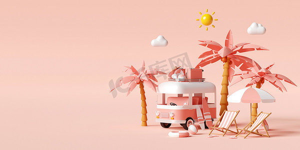 暑假概念，乘货车前往海滩，携带旅行配件停在海滩上的粉红色背景，3D 插图
