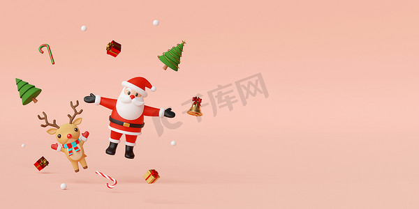 圣诞快乐，新年快乐，圣诞老人和驯鹿与圣诞装饰，3d 渲染