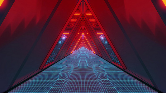技术科幻太空战舰隧道走廊与发光线框底部玻璃窗 3D 插图壁纸背景图形设计