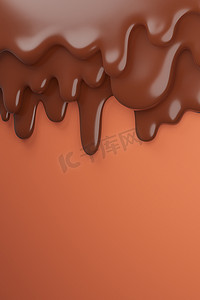 融化的牛奶棕色巧克力流下来。，3D 模型和插图。
