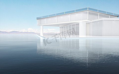 水上漂移车摄影照片_水上的现代概念建筑，3d 渲染。