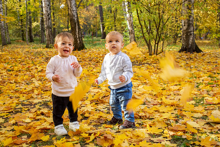 两个蹒跚学步的小孩在飘落的秋叶下笑。