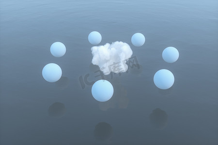 漂浮在湖上的球和云，宁静的场景，3D 渲染。