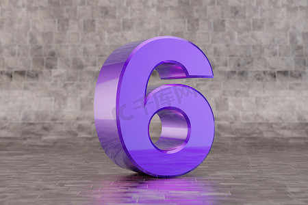 紫色 3d 数字 6。平铺背景上的光泽靛蓝数字。 