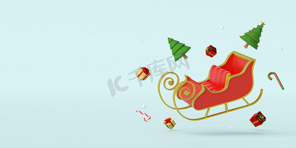 圣诞快乐，新年快乐，圣诞雪橇装饰，3d 渲染