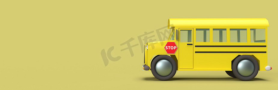 黄色背景 3D 渲染的校车返回学校