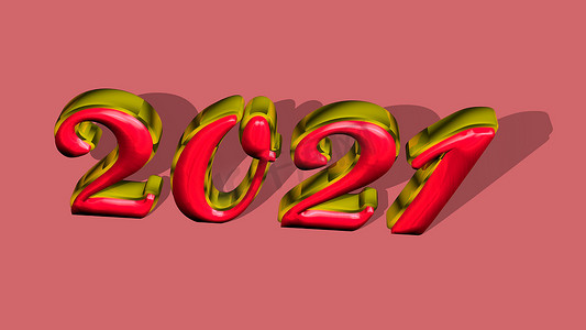 文字排版设计摄影照片_3D 纯金色、实心闪亮文字“2021”，粉红色背景。