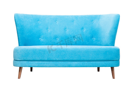 现代蓝色布艺沙发的前视图在白色背景下被隔离