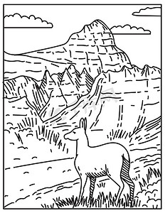 美国南达科他州有鹿和陡峭峡谷的荒地国家公园单线海报艺术