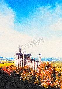 版画城堡摄影照片_水彩艺术版画，高山城堡