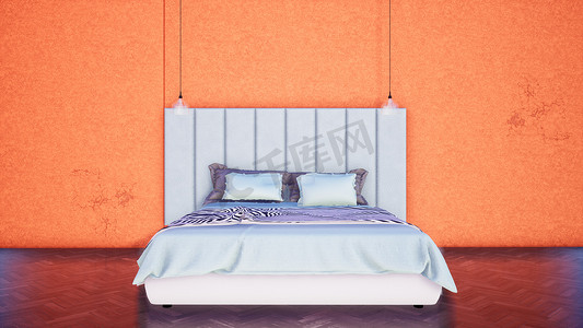 现代橙色卧室的内部配有双人床，3D 渲染背景