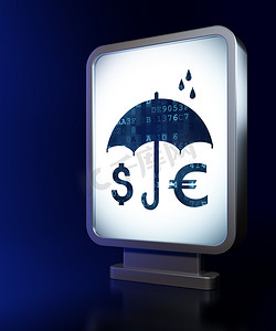 海报背景下雨摄影照片_安全概念：广告牌背景上的金钱和雨伞