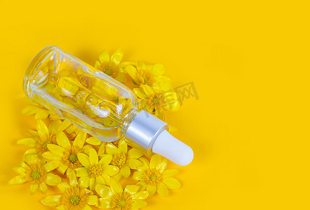 黄色背景中带移液管血清的瓶子，周围环绕着春花