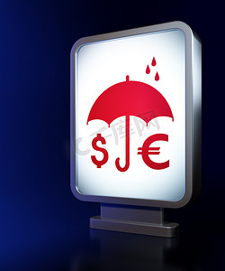 海报背景下雨摄影照片_隐私概念：广告牌背景上的金钱和雨伞