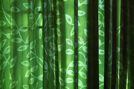 带有叶子图案的绿色窗帘从房间外面闪耀着有趣的阴影。