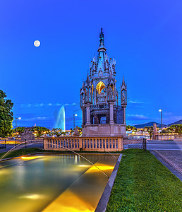 瑞克摄影照片_不伦瑞克纪念碑和喷泉，日内瓦，瑞士，HDR