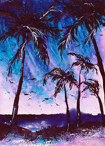 水彩热带树摄影照片_棕榈树水彩插图原创艺术热带海滩艺术绘画在纸上。