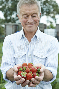 农耕采摘摄影照片_老人拿着新鲜采摘的草莓