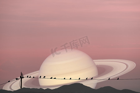 土星行星背面剪影鸟在电力线路和 m