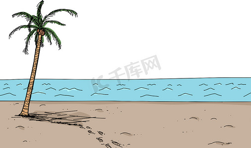手绘椰子摄影照片_棕榈树沙中的脚步声