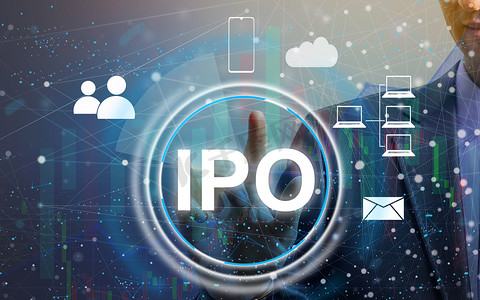 市场销售摄影照片_商人在图表上按下按钮 ipo 首次公开募股网络。