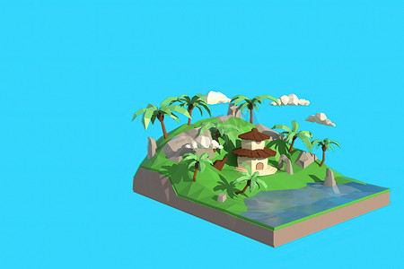 房子插画摄影照片_岛上房子的 3D 插画。 