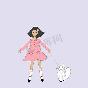 可爱的卡通女孩与一只猫