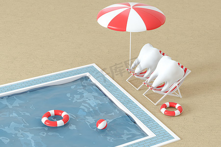 卡通牙度假，游泳池旁，3D 渲染。