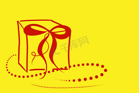 黄色背景上带红色蝴蝶结的礼盒，复制空间，插图