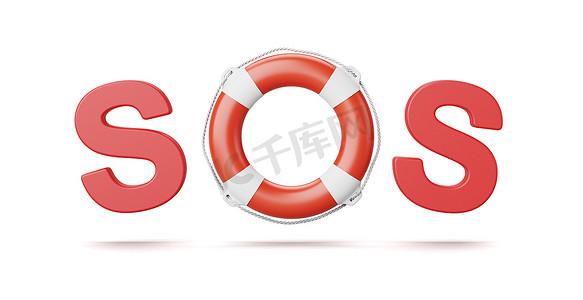 SOS 文本救生带在白色 3D 插图上隔离