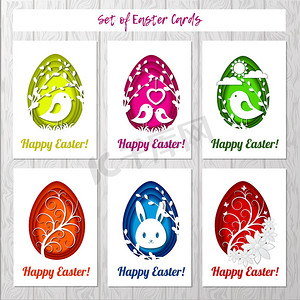 一套复活节贺卡，上面有五颜六色的彩蛋，灰色背景的剪纸风格。