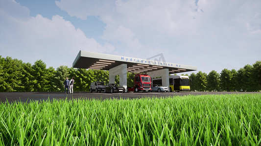 现代 3d 风格的 H2 站绿色清洁可再生能源生态未来可持续能源 3d 渲染
