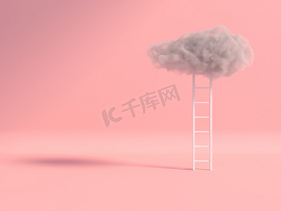 楼梯与云漂浮在粉红色的房间背景上。